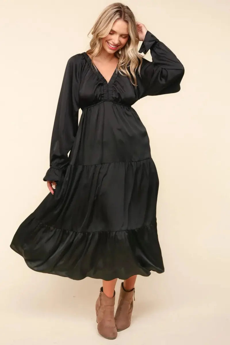 Haptics Flounce Sleeve Tiered Midi Dress with Pockets - Love Salve